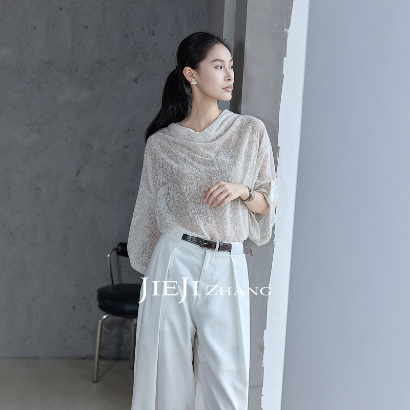 Zhang Qi Jieji Zhang Linen Lace Knitted Top for Women Summer 2026 New Fashionable Three-Quarter Sleeve T-Shirt