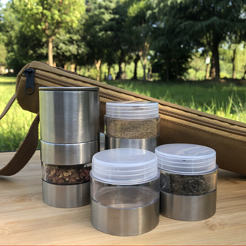Outdoor Portable BBQ Cookout Seasoning Bottle Set Seasoning Box Stainless Steel Transparent Plastic Solid Grinding Seasoning Jar
