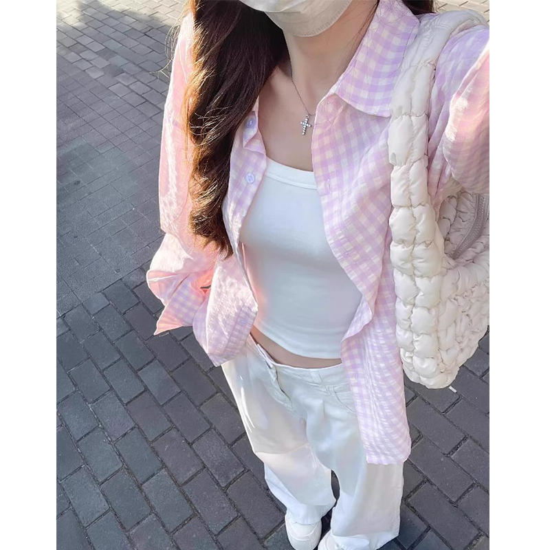Pink Plaid Long-Sleeved Shirt for Women, Summer 2025 New Embroidered Sun-Protective Shirt, Elegant Cardigan Jacket Top