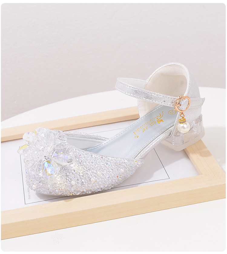 Western Style Children's Princess Shoes Crystal Shoes Girls High Heel Shoes Soft Bottom Elementary School Student Dress Dance Leather Shoes Silver with — 22