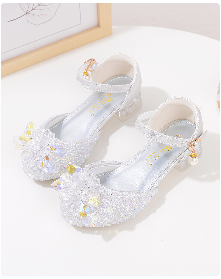 Western Style Children's Princess Shoes Crystal Shoes Girls High Heel Shoes Soft Bottom Elementary School Student Dress Dance Leather Shoes Silver with — 23