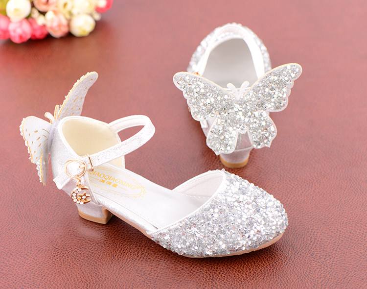 Western Style Children's Princess Shoes Crystal Shoes Girls High Heel Shoes Soft Bottom Elementary School Student Dress Dance Leather Shoes Silver with — 4