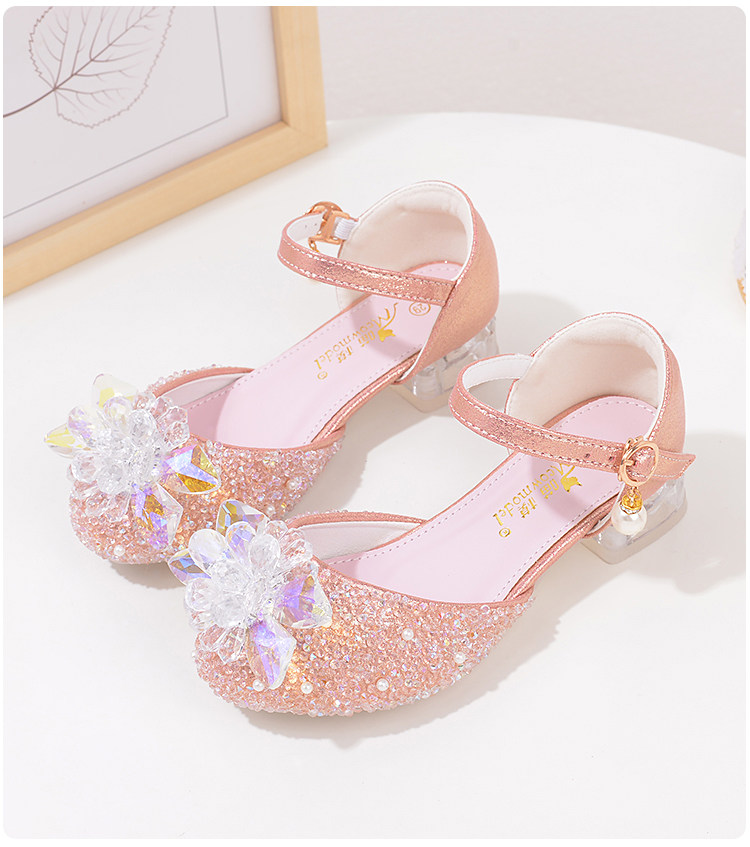 Western Style Children's Princess Shoes Crystal Shoes Girls High Heel Shoes Soft Bottom Elementary School Student Dress Dance Leather Shoes Silver with — 24