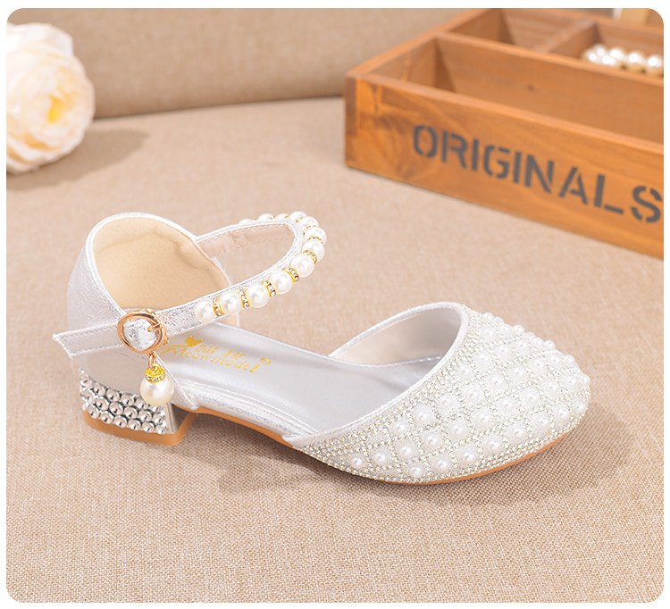 Western Style Children's Princess Shoes Crystal Shoes Girls High Heel Shoes Soft Bottom Elementary School Student Dress Dance Leather Shoes Silver with — 16