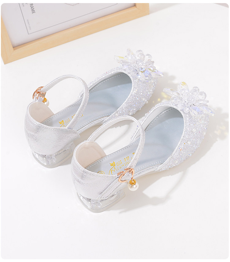 Western Style Children's Princess Shoes Crystal Shoes Girls High Heel Shoes Soft Bottom Elementary School Student Dress Dance Leather Shoes Silver with — 21