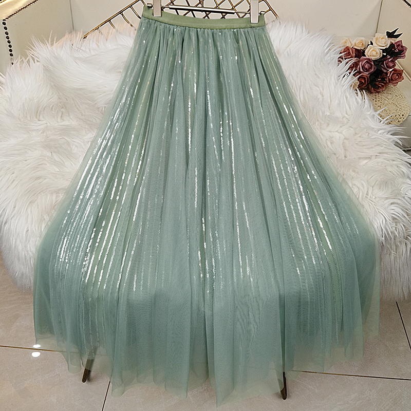 Light Green Starry Sequin Mesh Long Skirt 2026 Spring and Summer Classy Mid-Length Fairy Gauze Skirt Shiny Skirt