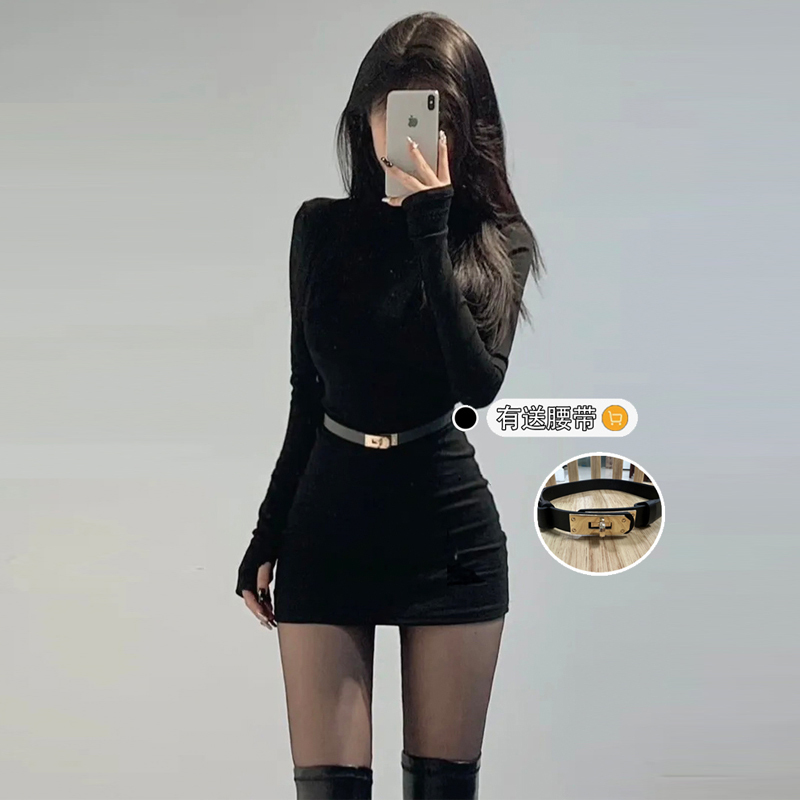 Spicy Girl Style Pure Desire Dress for Women, Autumn and Winter, Mature and Sexy, Tight-Fitting, Half-High Collar, Base Layer, Bodycon Little Black Dress, Short Spicy Girl Style Pure Desire Dress for Women, Autumn and Winter, Mature and Sexy, Tight-Fitting, Half-High Collar, Base Layer, Bodycon Little Black Dress, Short