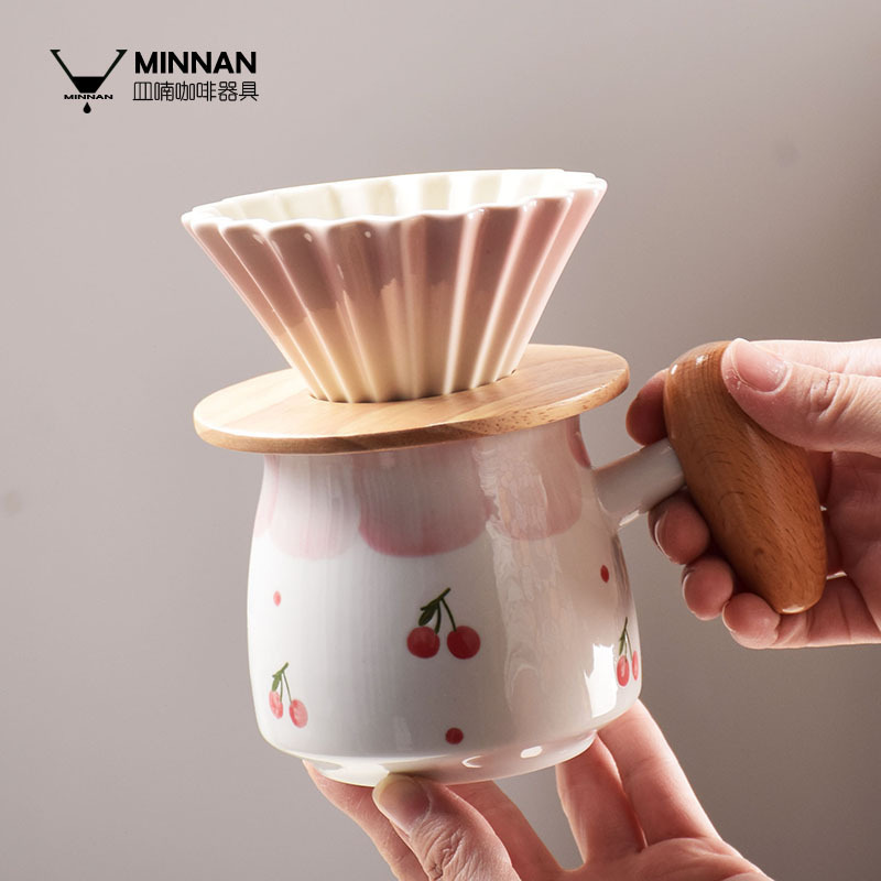 Minnan Underglaze Color Goddess Special Pink Origami Filter Cup with Wooden Handle Hand-Brewed Coffee Cup Set