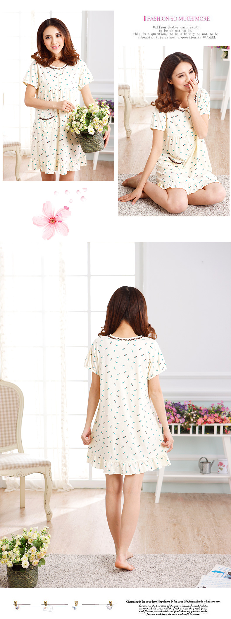 Shaqian chính hãng ngắn tay nightdress nữ cotton mùa xuân và mùa hè ngắn tay cắt quần cardigan cotton đồ ngủ nightdress dịch vụ nhà