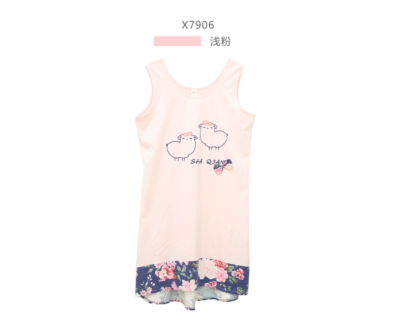 Shaqian cô gái đích thực dệt kim cotton nightdress mùa hè không tay dễ thương cartoon floral vòng cổ vest tay áo giản dị đồ ngủ váy ngủ 2 dây