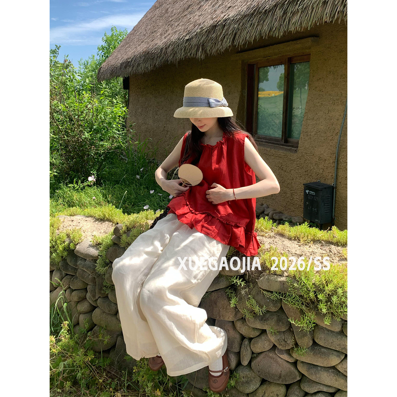 Xuegaojia 2026/Ss Korean Women's Vacation Style Red Lace Sleeveless Vest Women's Summer Cool Loose Shirt