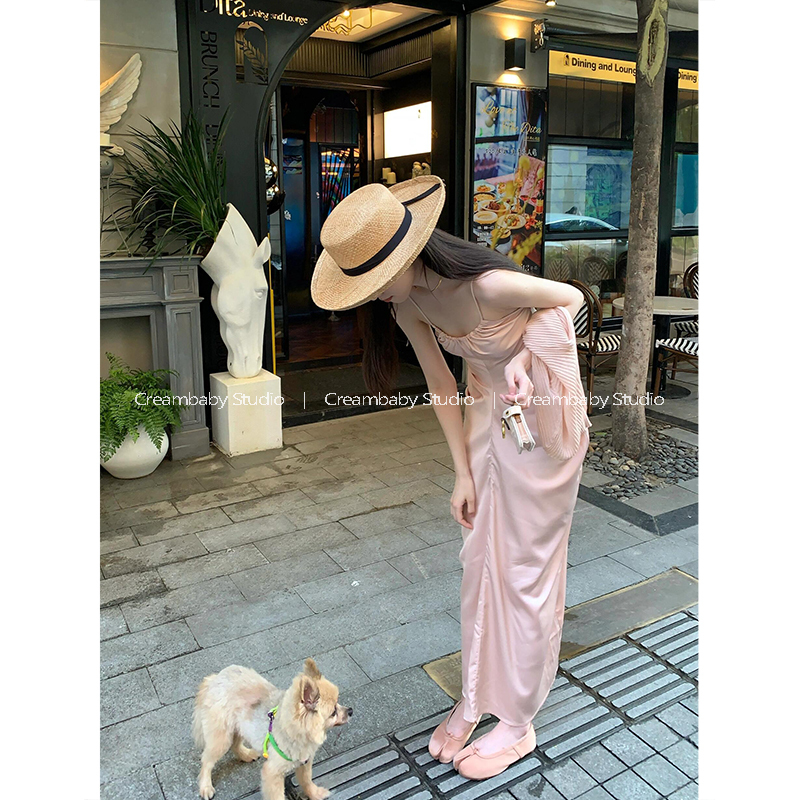 Creambaby Studio High-End Accessible Luxury Pink V Neck Satin Suspender Dress Women's Summer Vacation Long Dress Creambaby Studio High-End Accessible Luxury Pink V Neck Satin Suspender Dress Women's Summer Vacation Long Dress