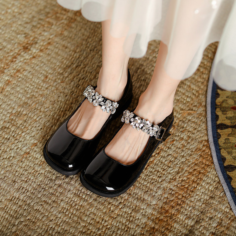 Genuine leather soft bottom square head flat bottom single shoe woman shallow mouth shoes female Mary Jane water drill princess French style Japanese leather shoes 
