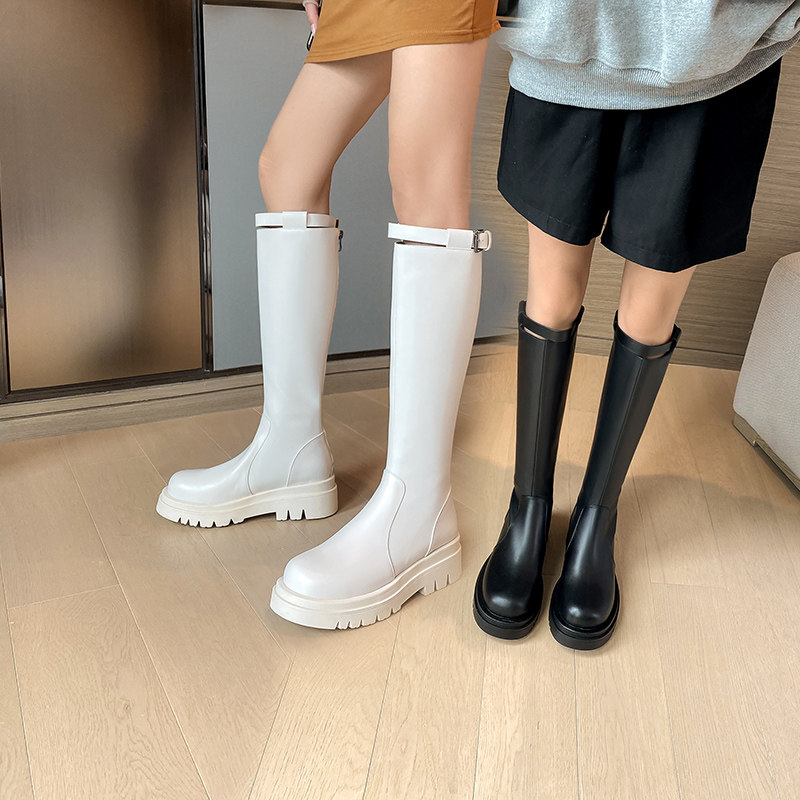 Large-tube women's boots, thick-legged boots, thick-soled boots, high-boots, beige boots, women's small 2021 autumn models