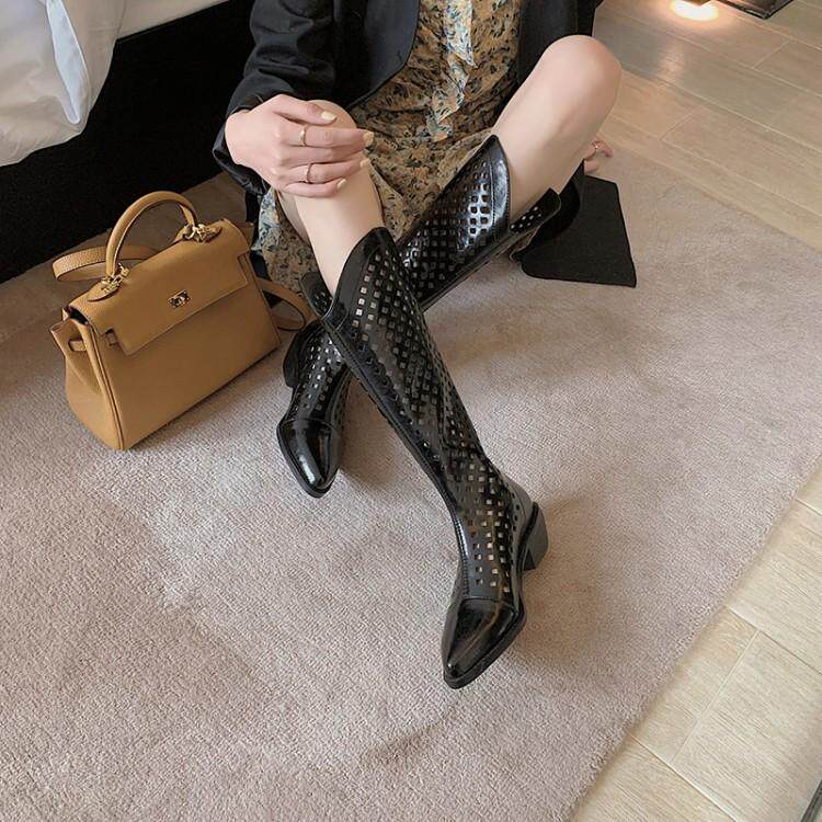 Leather V-mouth western boots summer thin pointed toe thick-heeled cool boots women's 2021 summer mid-heel long boots