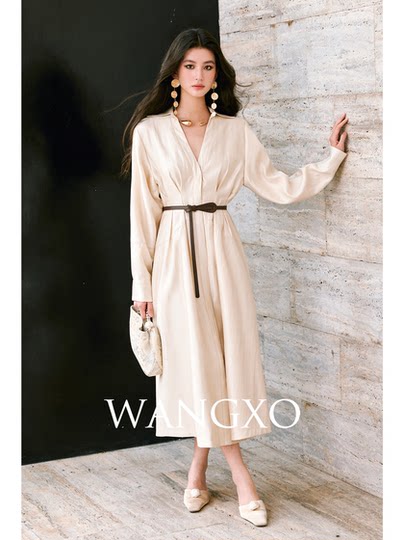Wangxo｜Silk Brocade with a Delicate Sheen｜Waist-Cinching A-Line Hem with Belt, Long & Short Shirt-Style Dress