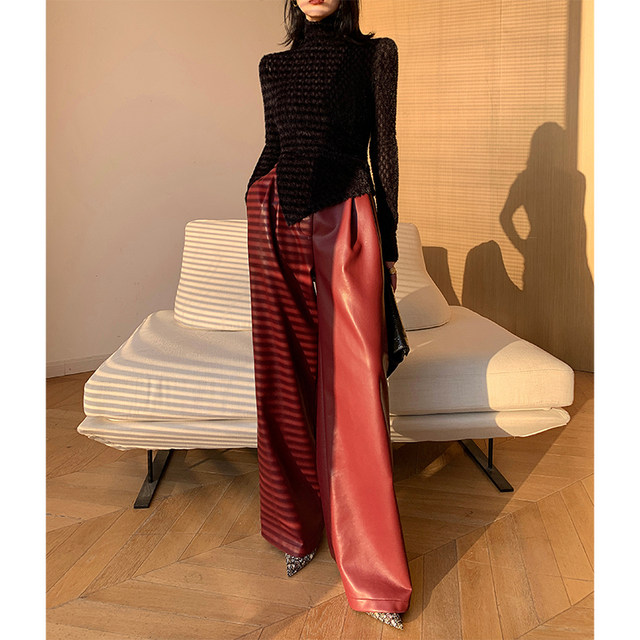 WANGXO red retro PU leather pants women's spring 2023 new high-waisted wide-leg pants casual straight-leg mopping trousers