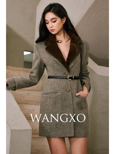 Wangxo｜Precious Natural 100% Wool｜Detachable Eco-Friendly Fur Collar, Wide Shoulders, Waist-Cinching, Long-Sleeved Blazer