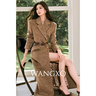 Wangxo｜High-Density Australian Imported Wool Blend｜Wide Shoulder Lapel 2-Button Waist-Cinching Long Wool Coat