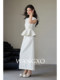 Wangxo｜Heavyweight Double-Sided Pique Woven Fabric｜Hepburn-Style Waist-Cinching Umbrella-Shaped Top & High-Waisted Skirt Set