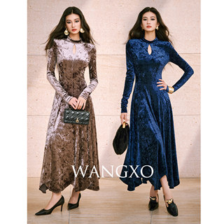 Wangxo｜Soft Light Ice Velvet｜Stand Collar Water Drop Hollow Out Shoulder Pad Cutout Waist-Cinching A-Line Dress