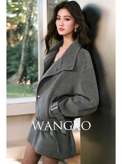 Wangxo｜Custom-Spun Wool and Cashmere in the Perfect Golden Ratio｜Gray Double-Sided Wool Coat with Large Lapel and Waist-Cinching Belt