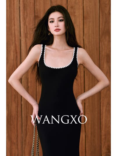 WANGXO high-elastic core-spun yarn pitted texture contrasting shell embroidered square collar slim-fit sleeveless knitted skirt