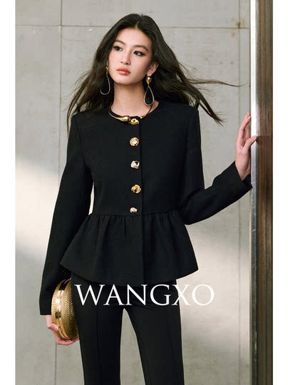 Wangxo｜Premium Custom-Woven Woolen Fabric｜Floral Waist-Cinching Irregular Buttoned Round-Neck Short Coat