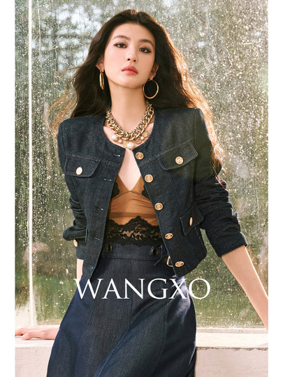 WANGXO｜Изысканный блестящий шелковый твил, классическая натуральная кожа｜Трехмерные накладные карманы, укороченный жакет до плеч и расклешенная юбка