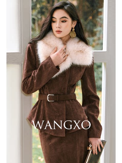 Wangxo｜Vintage Matte Suede Texture｜Dyed Eco-Friendly Fur Collar White Duck down Waist-Cinching down Jacket