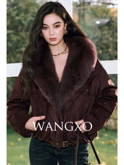 WANGXO｜高品质斜纹麂皮绒｜真狐狸毛大翻领温暖白鹅绒短阔派克服