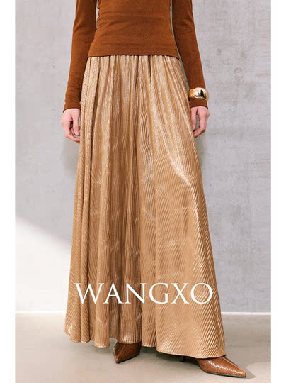 Wangxo｜Flowing Light and Shadow｜Fine Shimmering Gold Three-Dimensional Pleats｜Flowing and Elegant High-Waisted Large Hem Umbrella Skirt