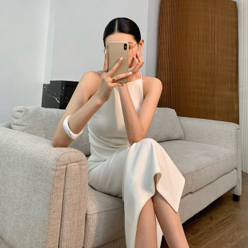 WANGXO Sling Dress 2023 Summer New Light Luxury One-shoulder Advanced Design Sleeveless Slit Long Dress