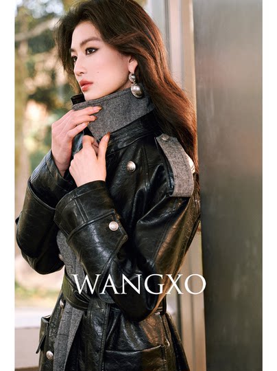 WANGXO Retro cracked environmentally friendly leather and twill wool lapel double-breasted quilted long leather jacket