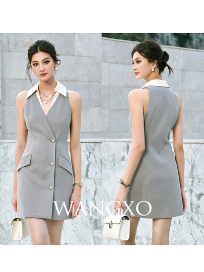 WANGXO｜高质感天丝乱麻拼撞色缎面｜可拆翻领露肩收腰短款连衣裙