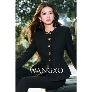 Wangxo｜Premium Custom-Woven Woolen Fabric｜Floral Waist-Cinching Irregular Buttoned Round-Neck Short Coat