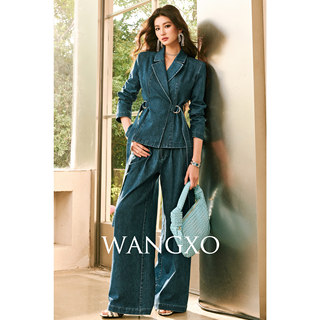 Wangxo｜Cotton Twill Texture｜Distressed Enzyme Wash and Whitening｜Tie-Up Jacket & Wide-Leg Pants Denim Set