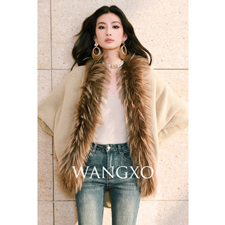 Wangxo｜Fine Shimmering Wool Spliced with Heavy Raccoon Fur Strips｜Horizontal Ribbed Batwing Sleeve Lazy Knit Cardigan