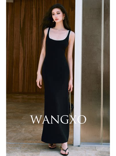 WANGXO high-elastic core-spun yarn pitted texture contrasting shell embroidered square collar slim-fit sleeveless knitted skirt