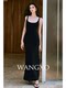 WANGXO high-elastic core-spun yarn pitted texture contrasting shell embroidered square collar slim-fit sleeveless knitted skirt