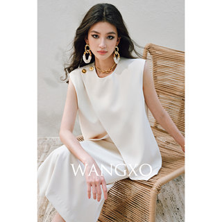 Wangxo｜Imported Twisted Drape Fabric｜Elegant Commuter-Style Asymmetrical Placket with Pleated Slit Vest and Skirt Set
