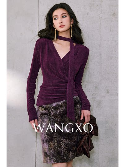 Wangxo[01/20 20:00Pm New Arrival 5% off]Waist-Cinching Textured Acetate Knit Long-Sleeve Top with Ribbons