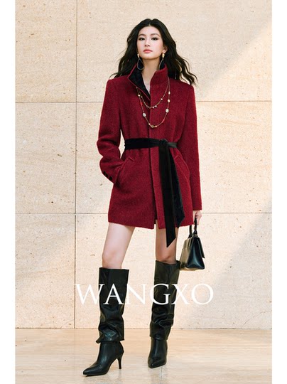 Wangxo｜Cloud-Like Fluffy Wool Loop Fabric｜Color-Blocked Velvet Triangular Lapel Belt H-Shaped Coat