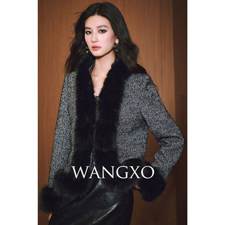 Wangxo｜Luxurious Warm Wool Retro Black and White Herringbone Pattern｜Detachable Fur Collar Padded H-Shaped Loose Coat