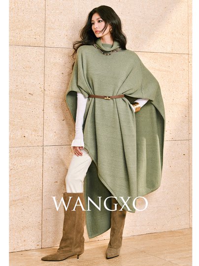 Wangxo｜Gold-Plated Shiny Silk and Soft Wool Coarse Knit Technique｜High-Neck Asymmetrical Hem Long Cape