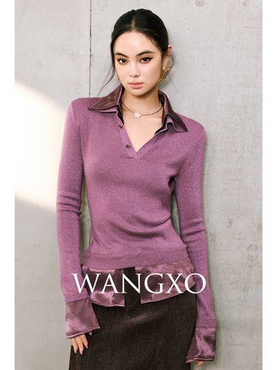 WANGXO｜奢雅密闪弹力针织拼接光泽缎面｜翻V领层次感假两件上衣