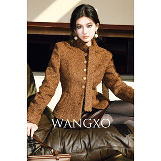 Wangxo｜Silk-Like Curly Texture Woolen Fabric｜Warm Ribbon Stand Collar Waist-Cinching Straight Shoulder Elegant Short Coat