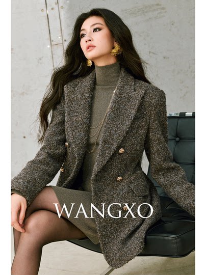 Wangxo｜High-Density Wool Floral Yarn Looped Woolen Fabric｜Notched Lapel Double-Breasted Double-Pocket Waist-Cinching Blazer