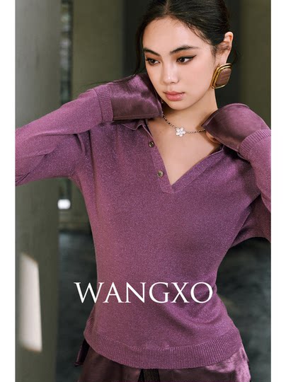 WANGXO｜奢雅密闪弹力针织拼接光泽缎面｜翻V领层次感假两件上衣