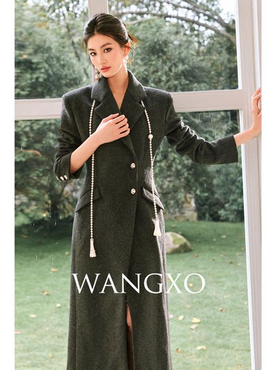Wangxo｜High-Density Australian Imported Wool Blend｜Wide Shoulder Lapel 2-Button Waist-Cinching Long Wool Coat
